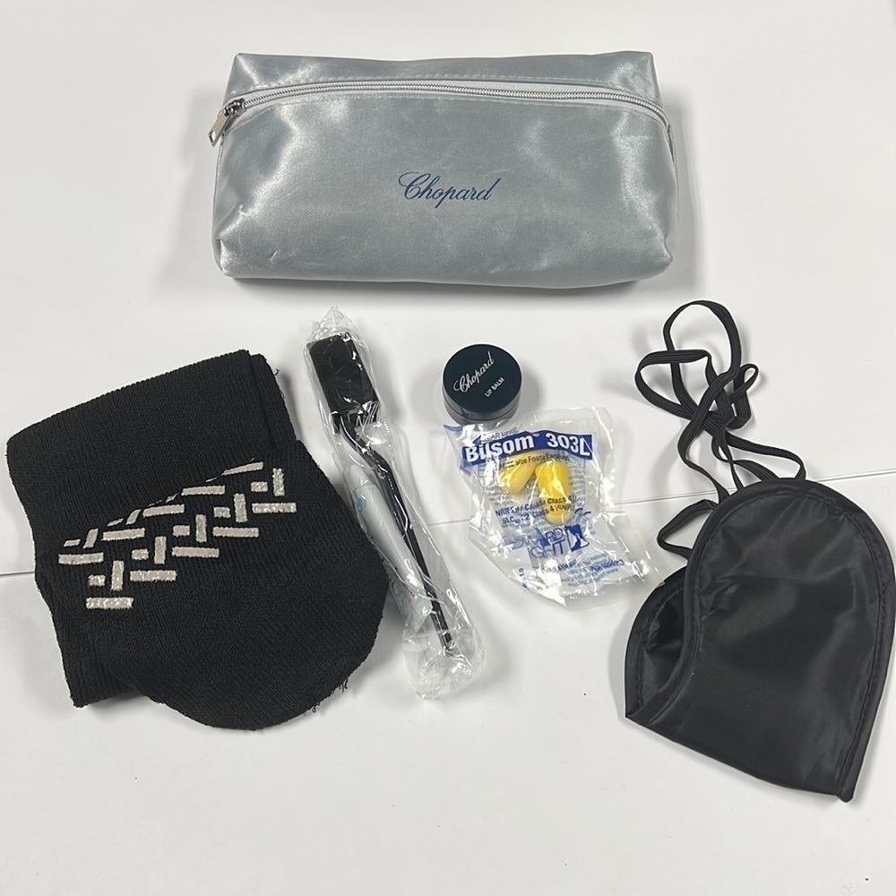 Chopard Silver Gray Satin Zip Pouch Clutch Makeup Bag with Travel Samples